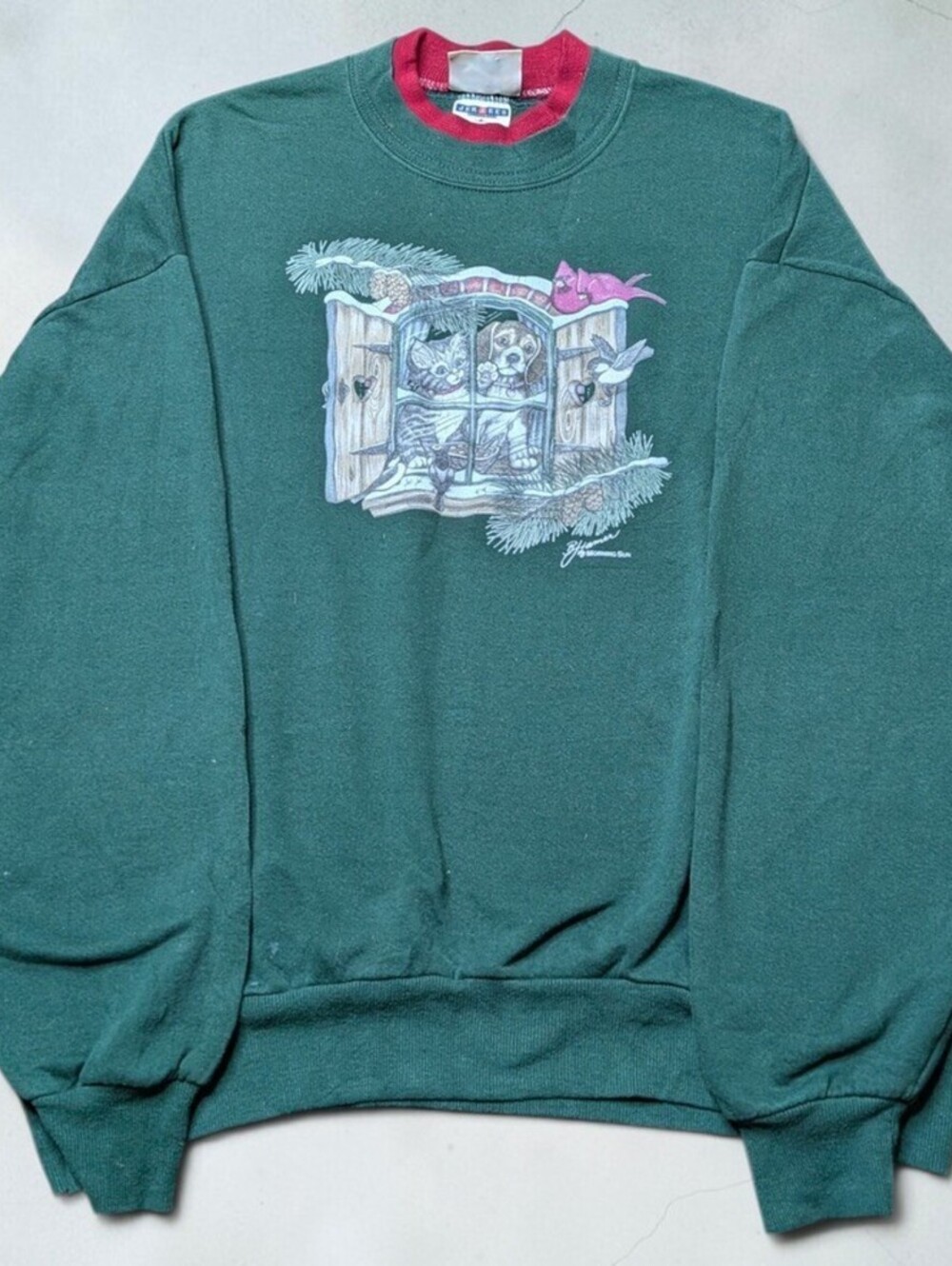 Vintage 90s Cute Cottage Core Pullover Sweater Size XL Christmas Cat Dog Graphic